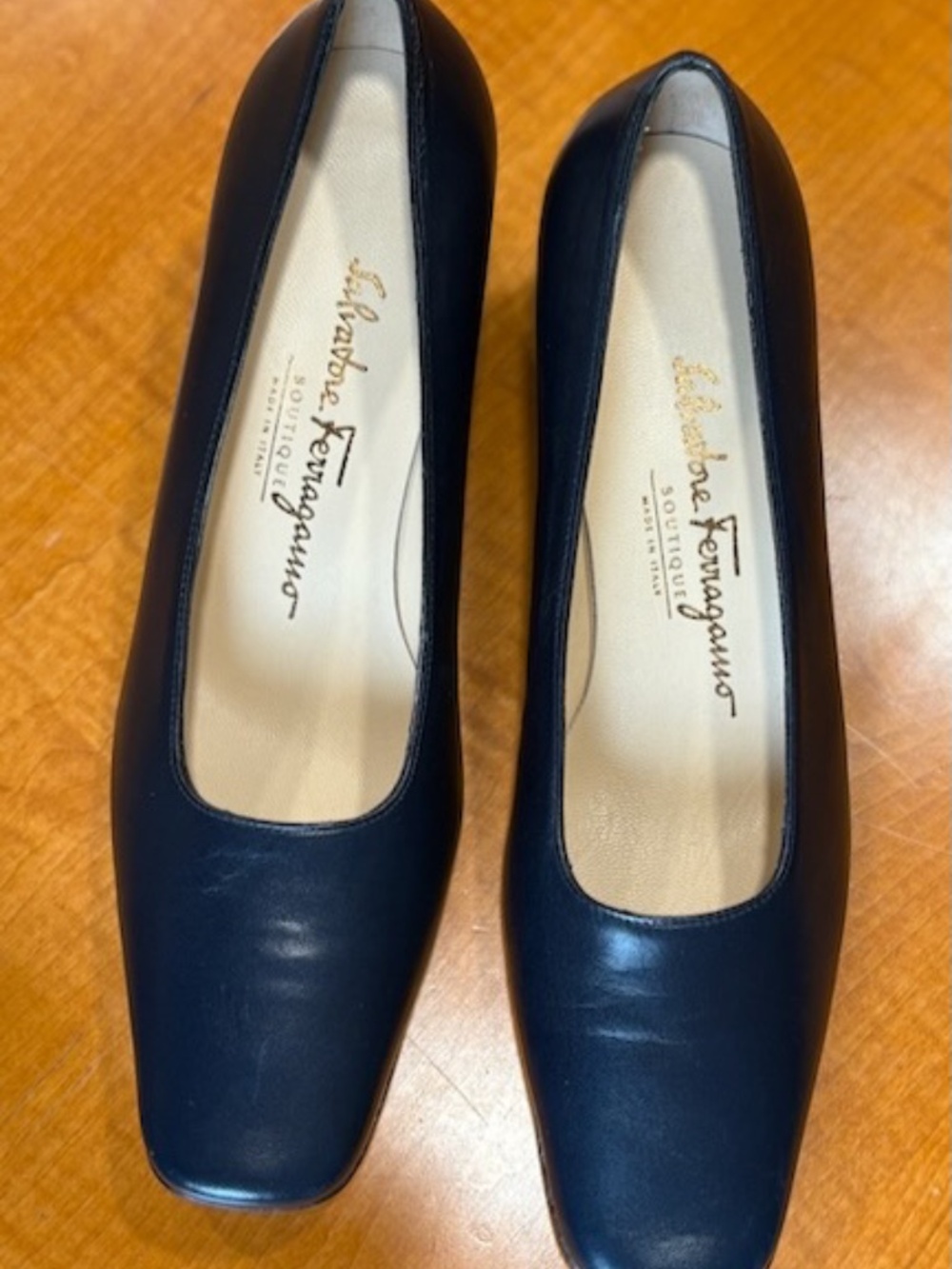 Ferragamo womens shoes size 7.5 B Navy pumps; 1 3/4" block heels